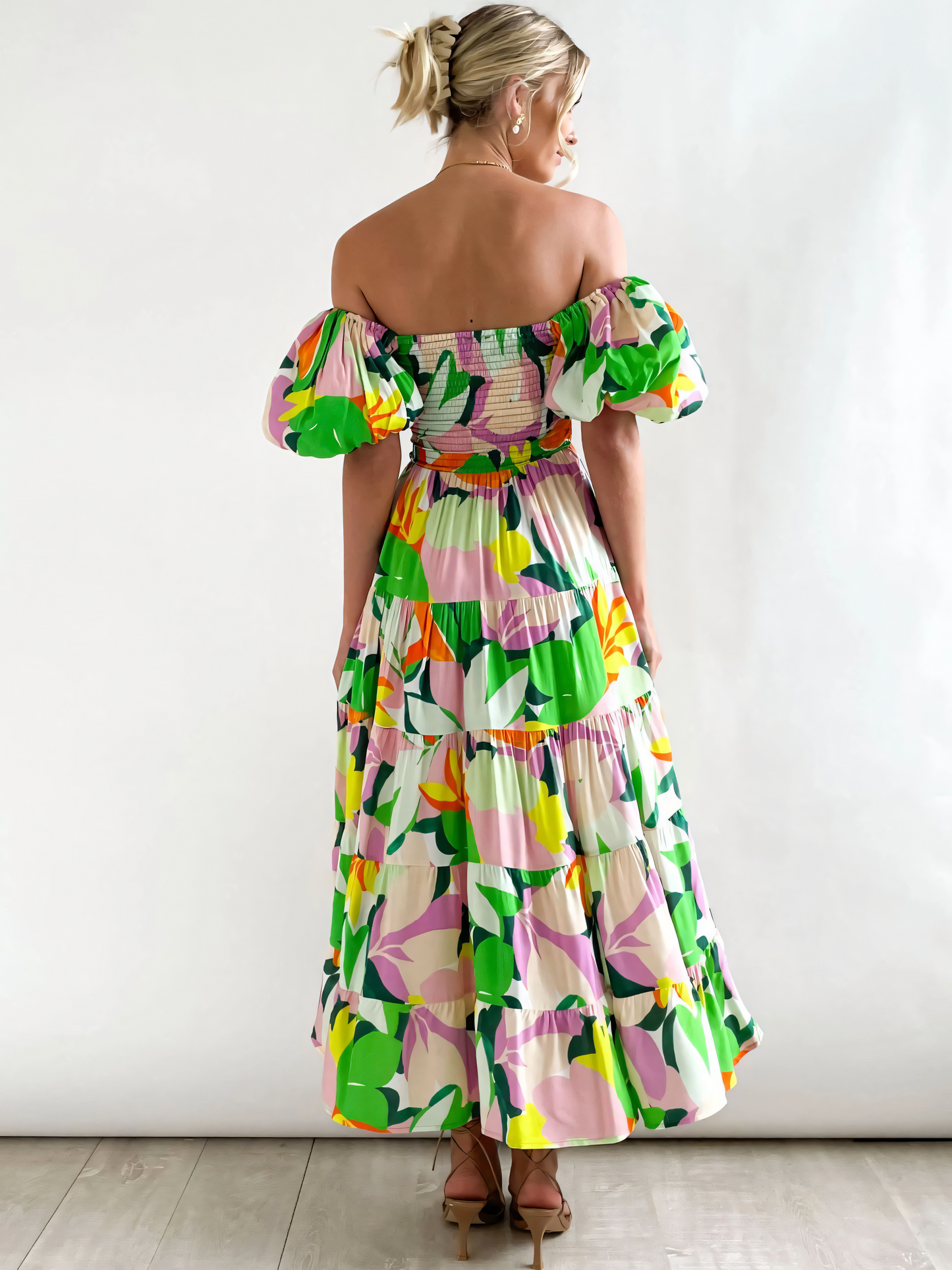 Green Printed Puffy Bubble Sleeve Midi Dress