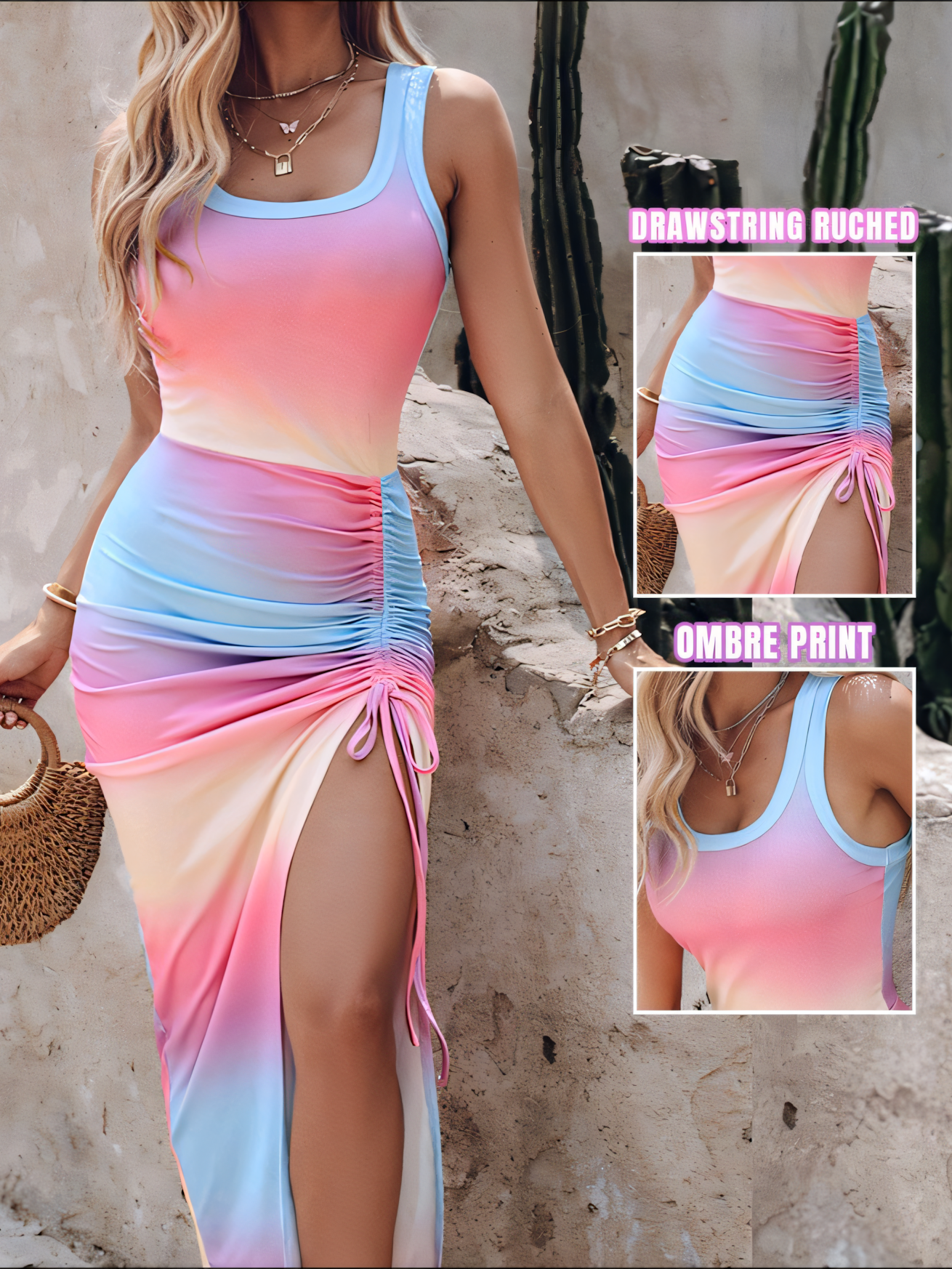 Pink Tie-dye Drawstring Slit & Slim Vest Maxi Dress