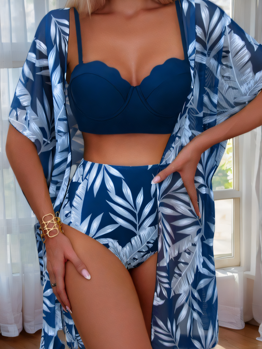 Maple Leaf Print High-waist Mesh Bikini Trio Set