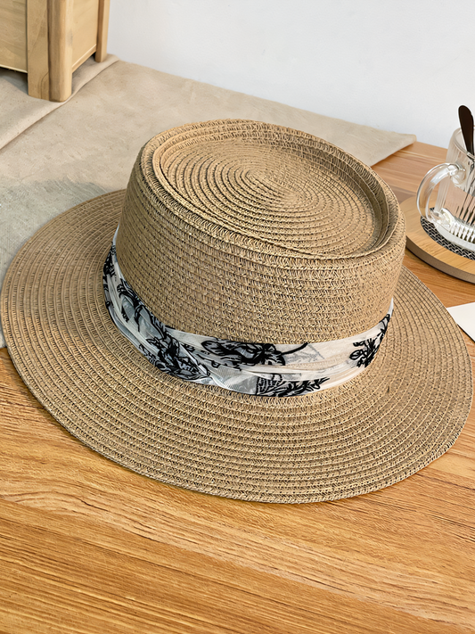 Flat Top Ink Belt Straw Beach Hat