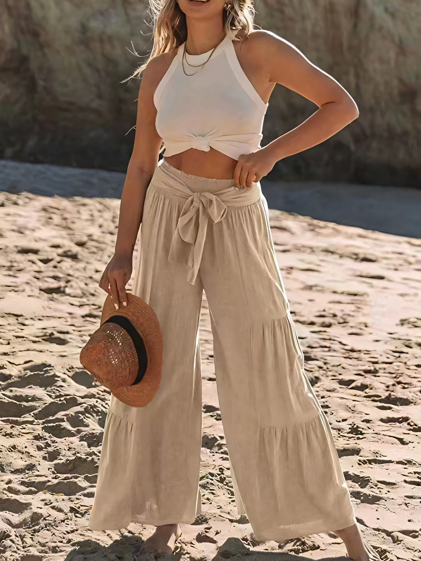 Strappy High-waisted Pleated Loose-fitting Pants