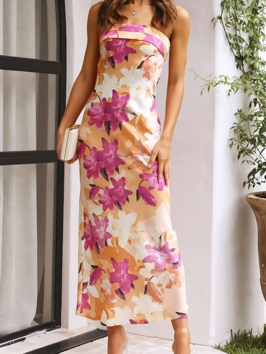 Rose Satin Strapless Sheath Maxi Dress