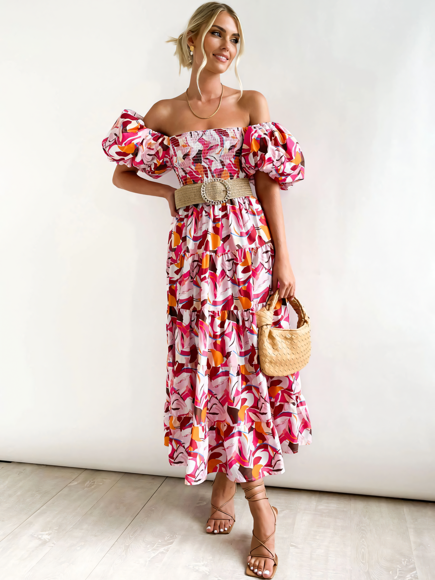 Rose Printed Puffy Bubble Sleeve Midi Dress