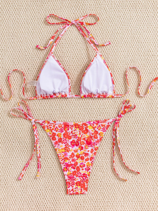 Red Floral Print Tie-Side Bikini