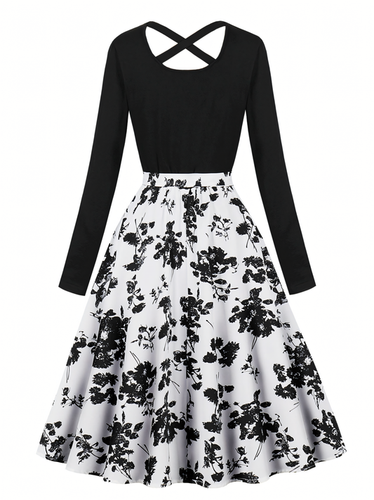 Black Floral Long-sleeved Midi Dress