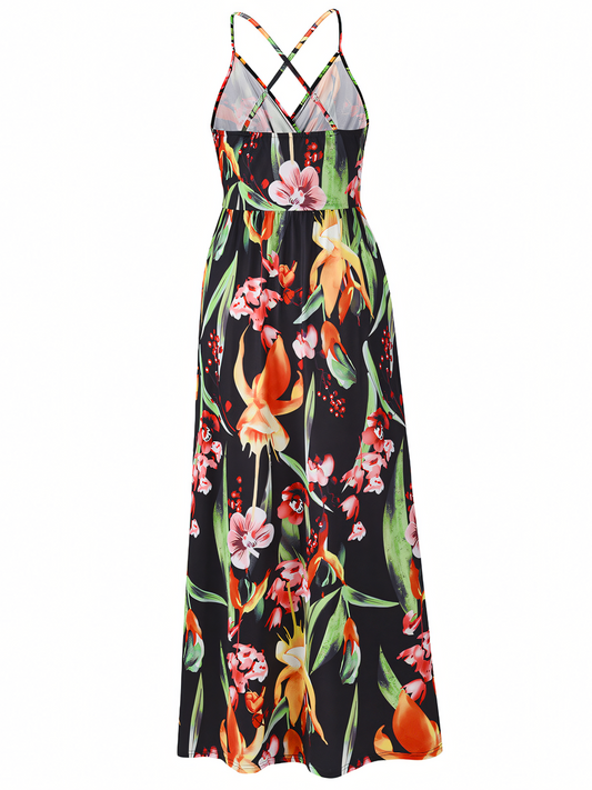 Black Floral Bohemia Halter Maxi Dress