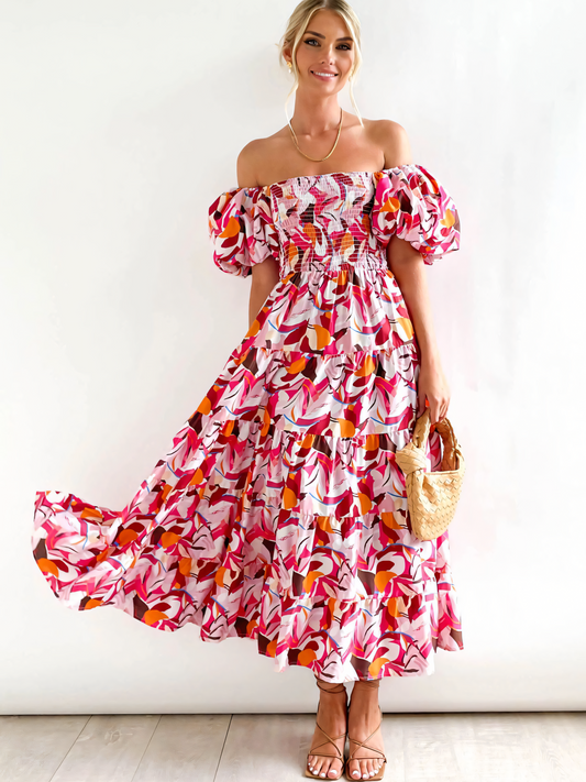 Rose Printed Puffy Bubble Sleeve Midi Dress