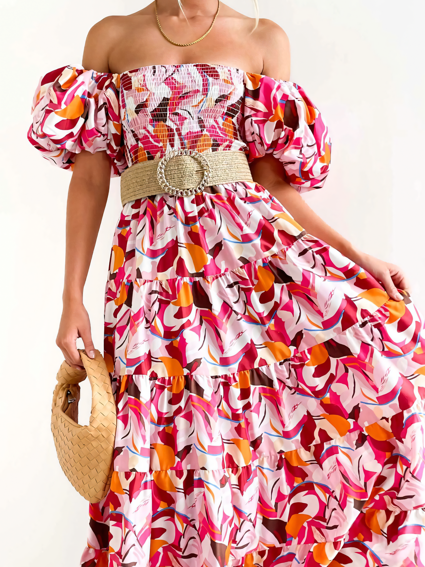 Rose Printed Puffy Bubble Sleeve Midi Dress
