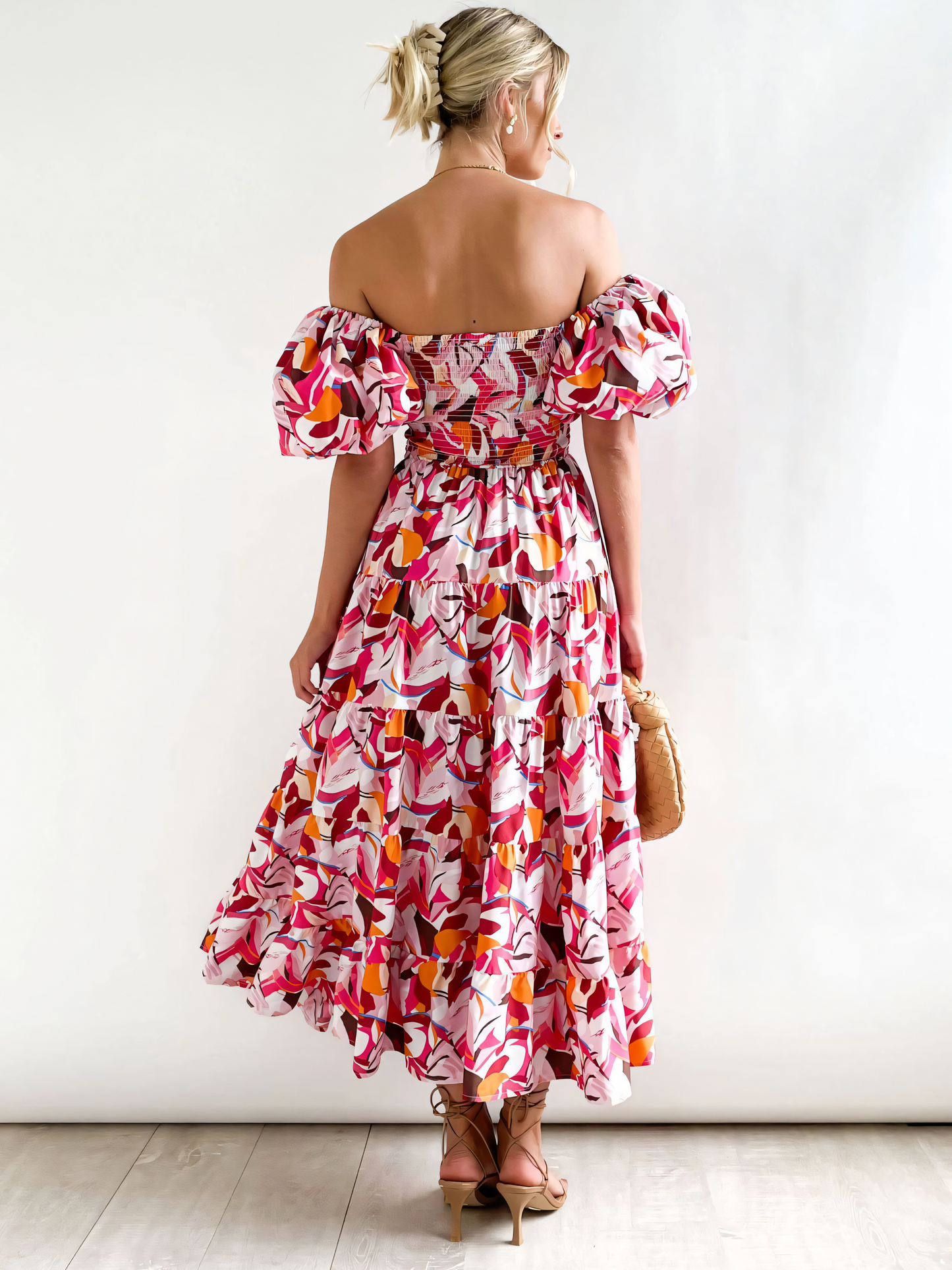Rose Printed Puffy Bubble Sleeve Midi Dress