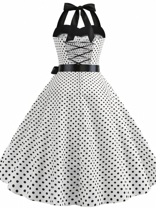 Vintage Polka Dot Halterneck tie Hepburn Midi Dress