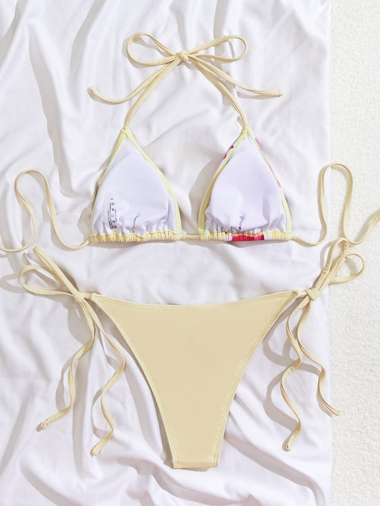 Beige Flower Print Tie-Side Bikini