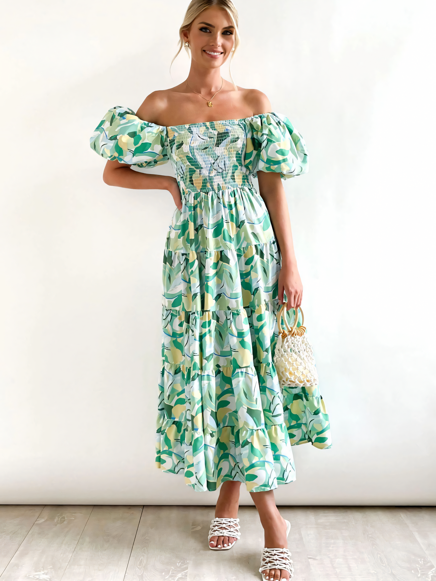 Green Yellow Leaves Printed Puffy Bubble Sleeve Midi Dress