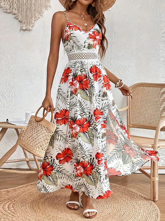 White Printed Bohemia Lace Halter Maxi Dress