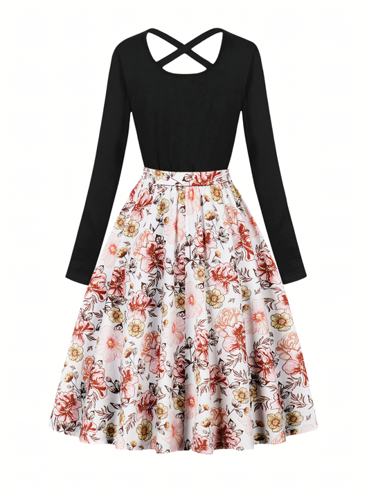 Pink Floral Long-sleeved Midi Dress