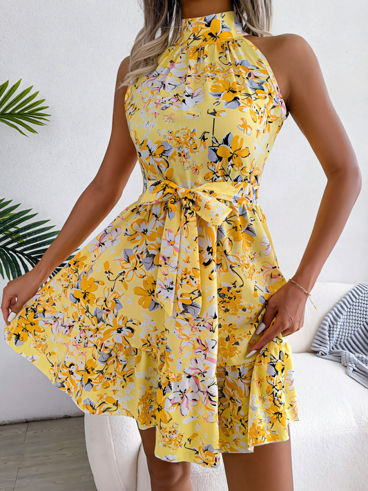 Yellow Floral Halterneck Waist Mini Dress