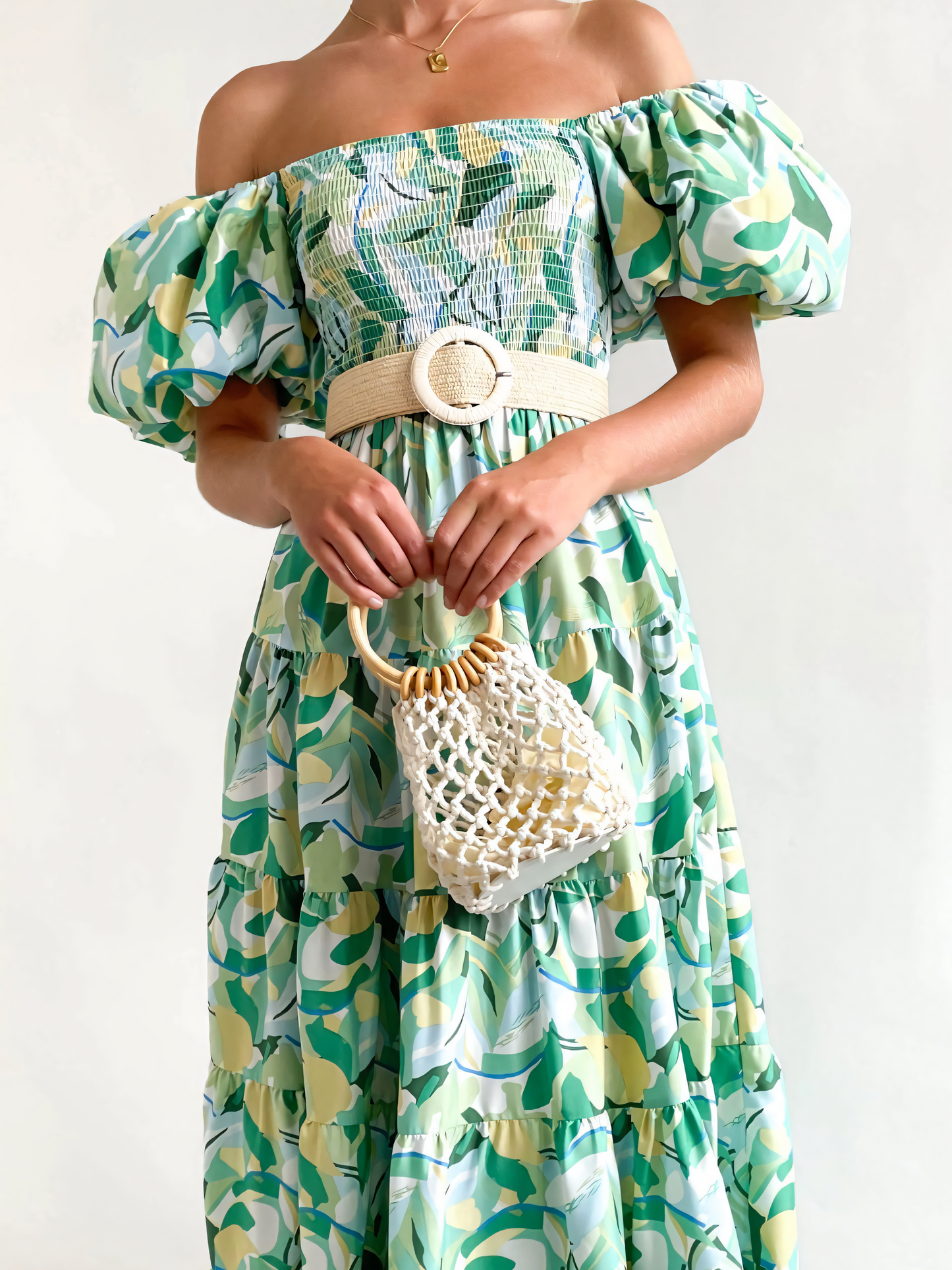 Green Yellow Leaves Printed Puffy Bubble Sleeve Midi Dress