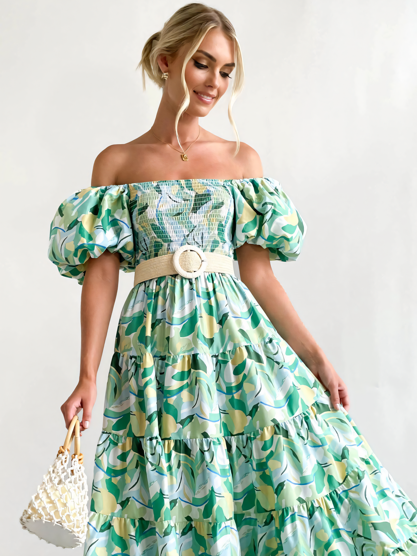 Green Yellow Leaves Printed Puffy Bubble Sleeve Midi Dress