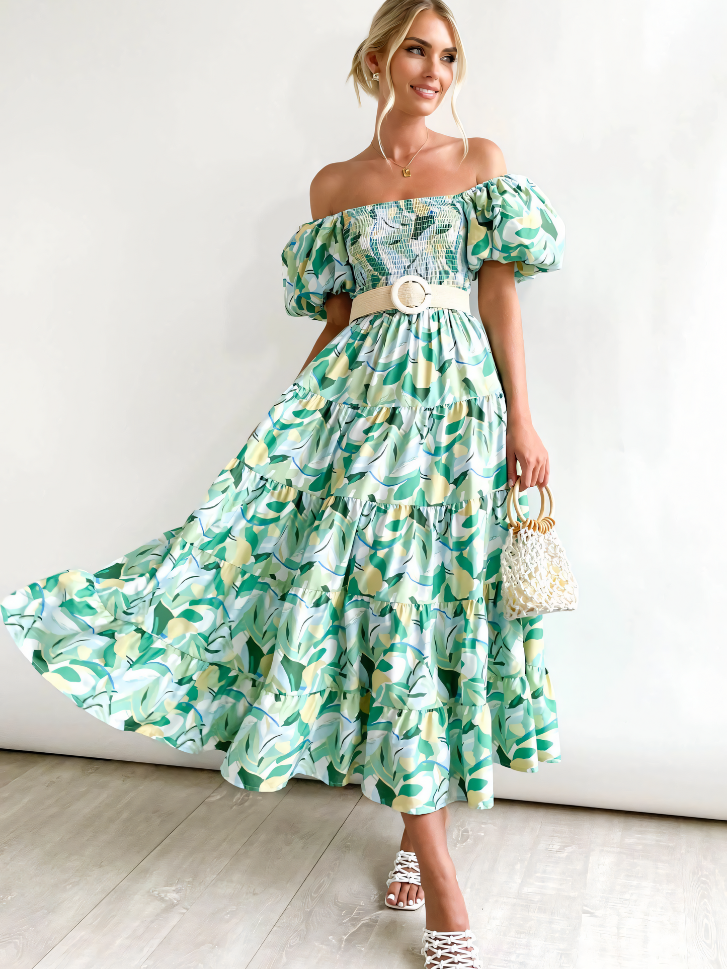 Green Yellow Leaves Printed Puffy Bubble Sleeve Midi Dress