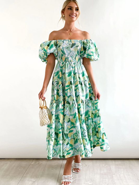 Green Yellow Leaves Printed Puffy Bubble Sleeve Midi Dress