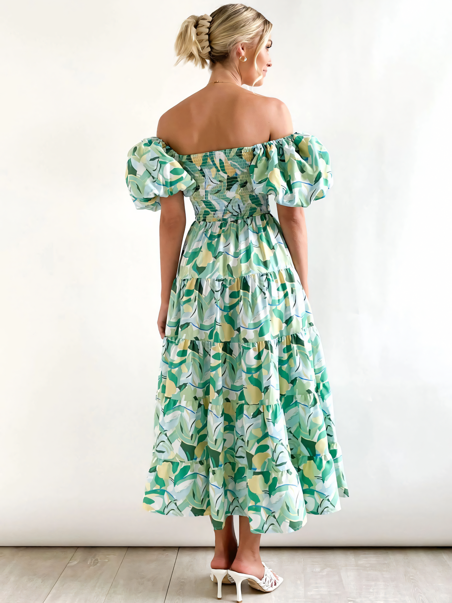 Green Yellow Leaves Printed Puffy Bubble Sleeve Midi Dress