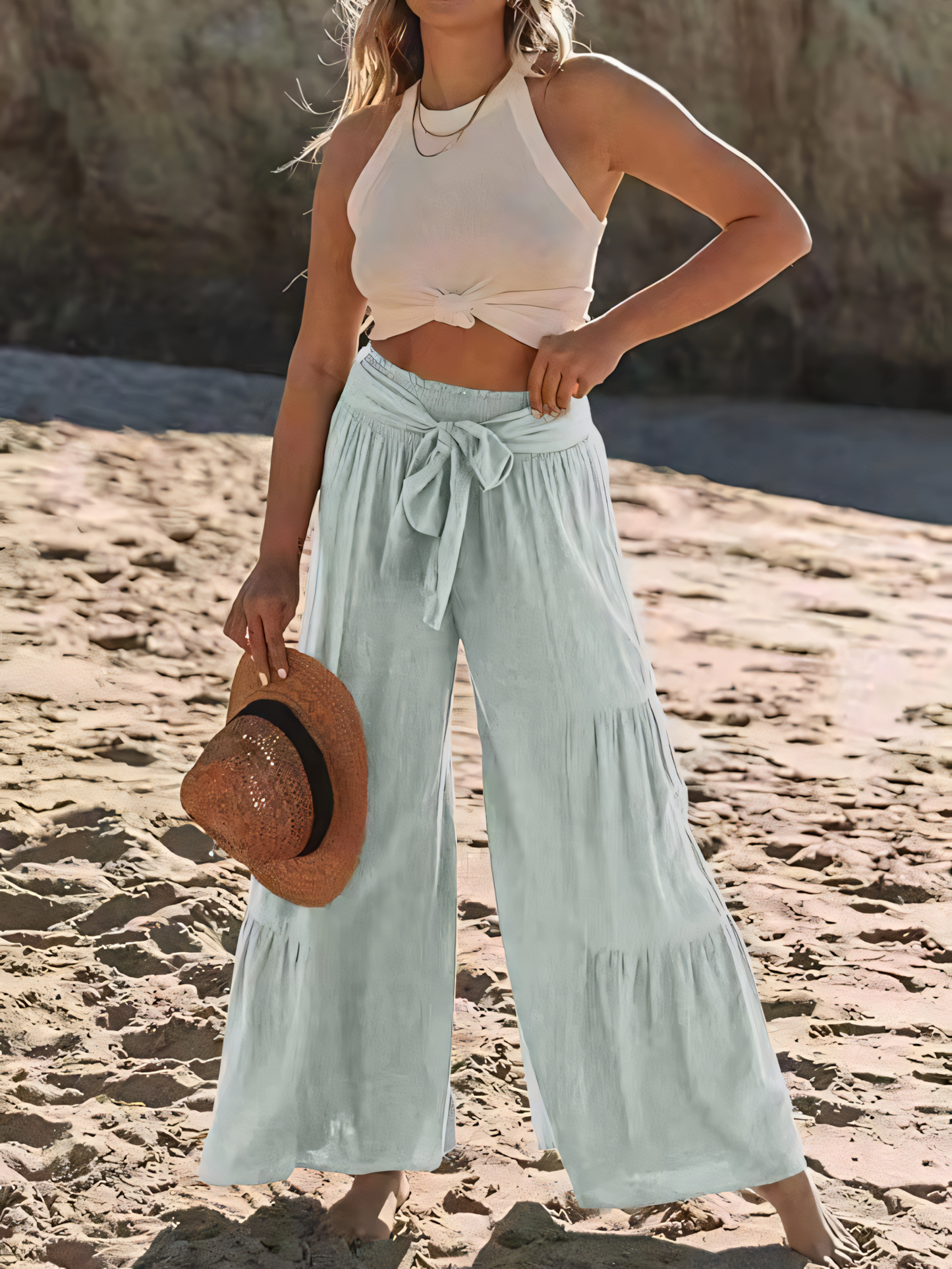 Strappy High-waisted Pleated Loose-fitting Pants