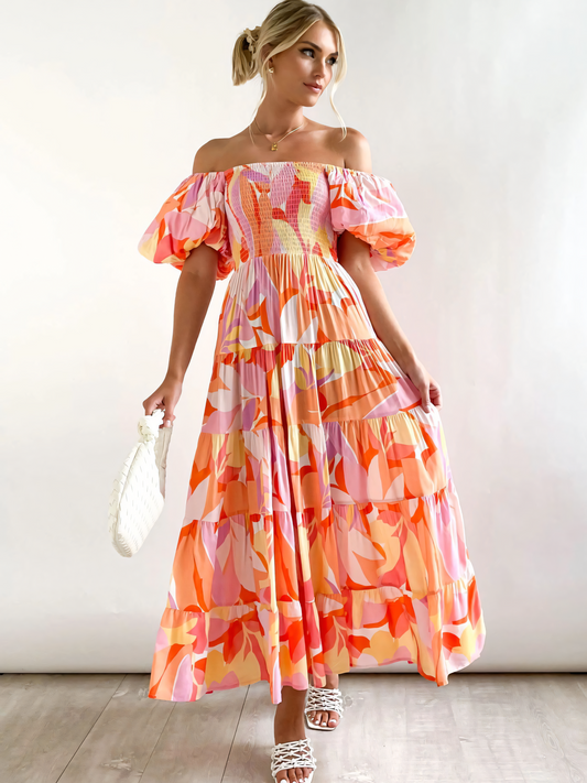 Orange Red Printed Puffy Bubble Sleeve Midi Dress