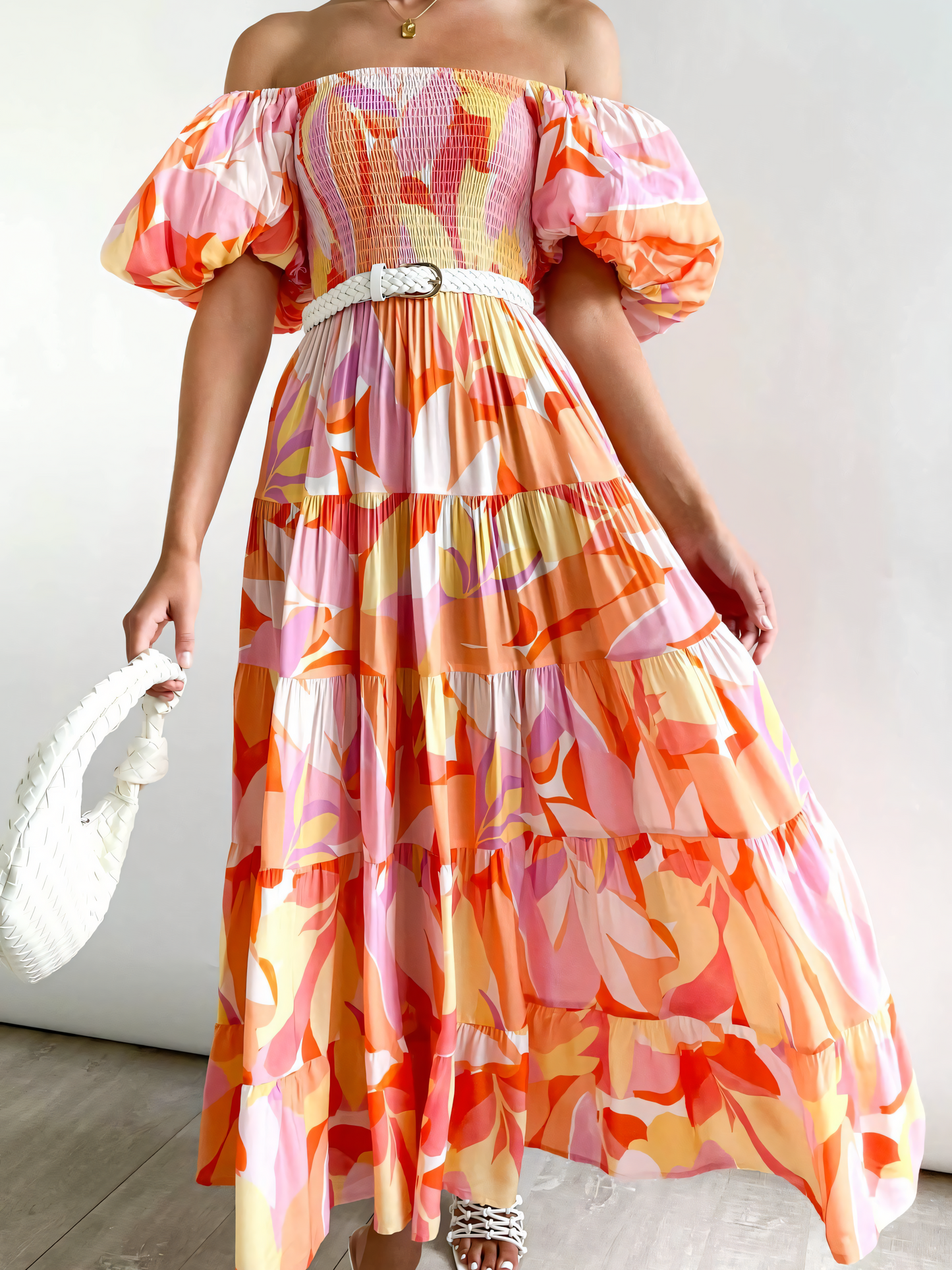 Orange Red Printed Puffy Bubble Sleeve Midi Dress
