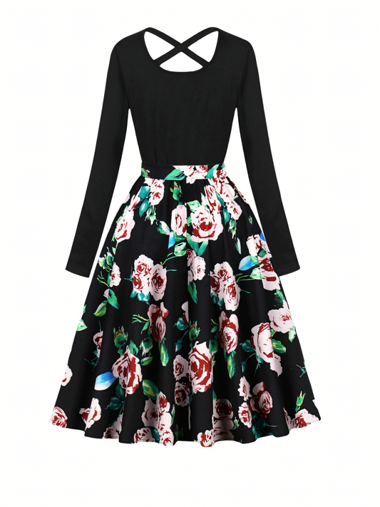 Red Floral Long-sleeved Midi Dress