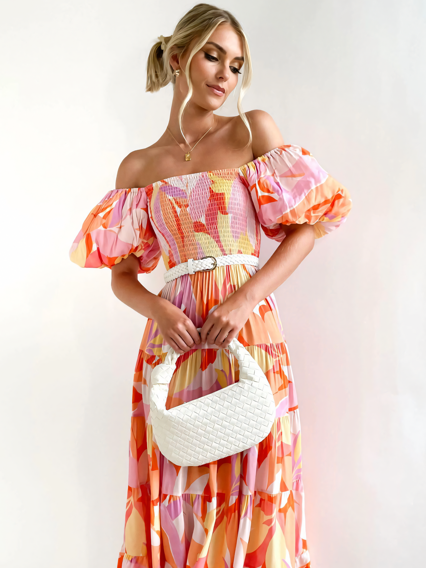 Orange Red Printed Puffy Bubble Sleeve Midi Dress