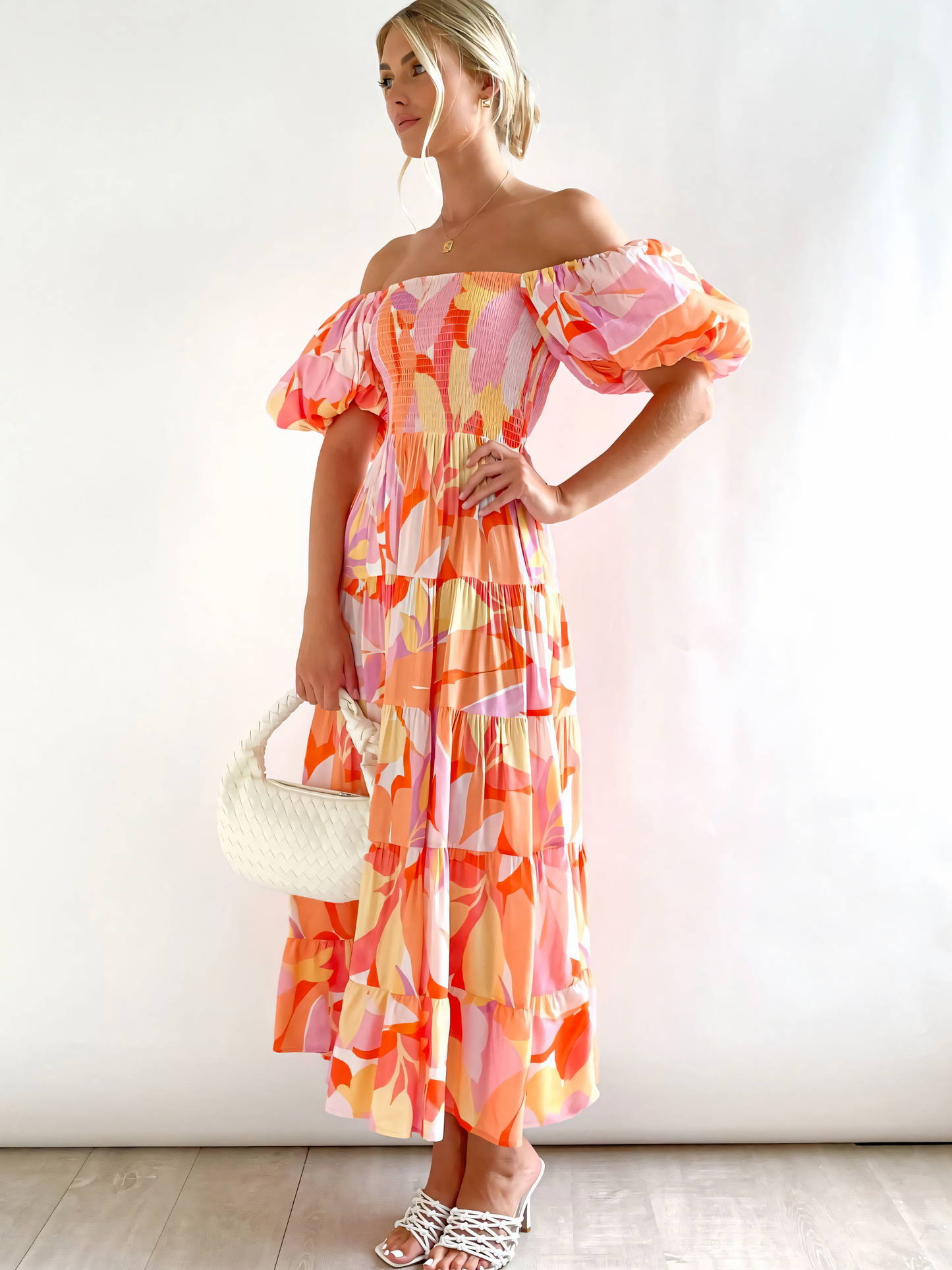 Orange Red Printed Puffy Bubble Sleeve Midi Dress