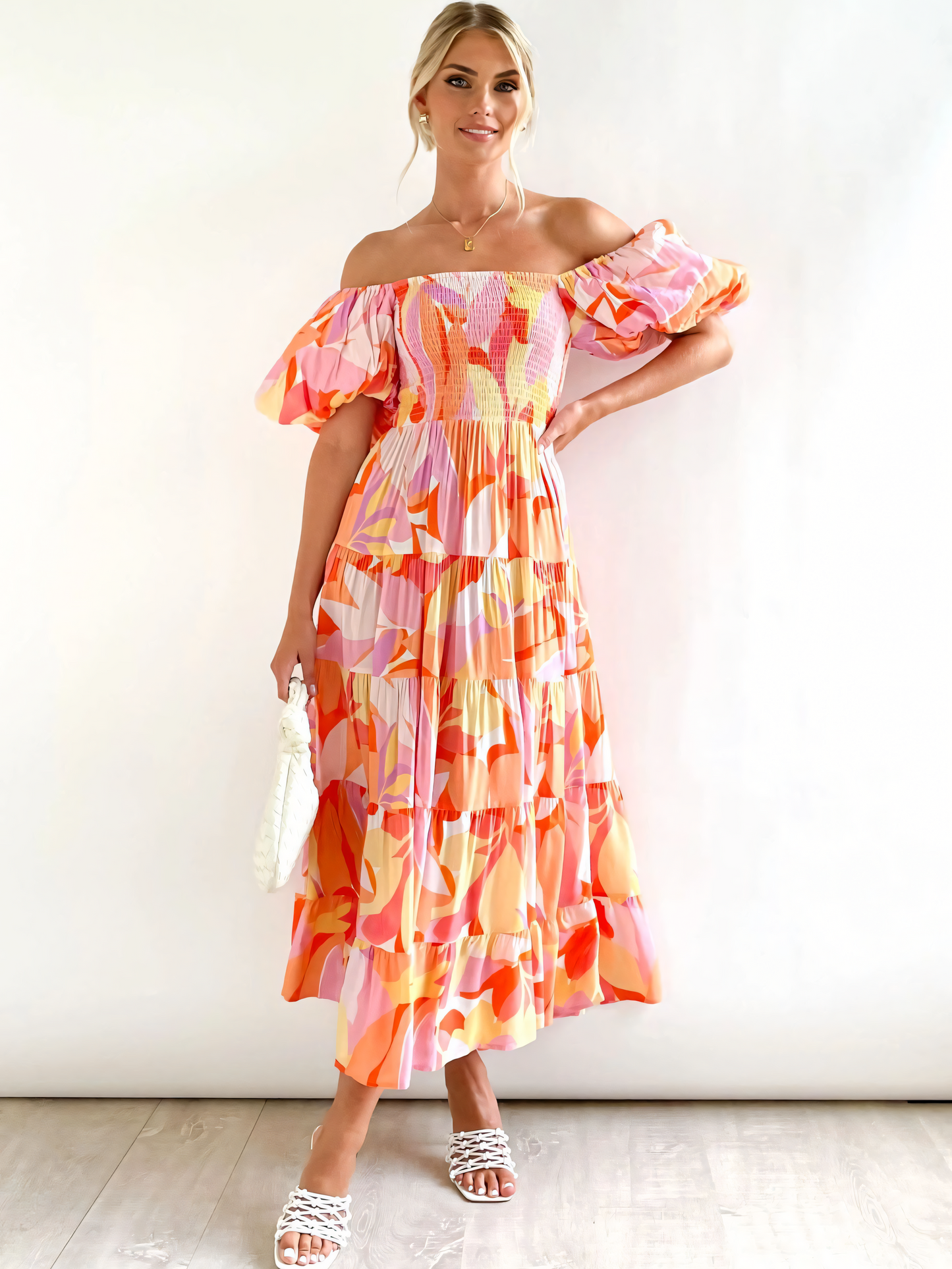 Orange Red Printed Puffy Bubble Sleeve Midi Dress