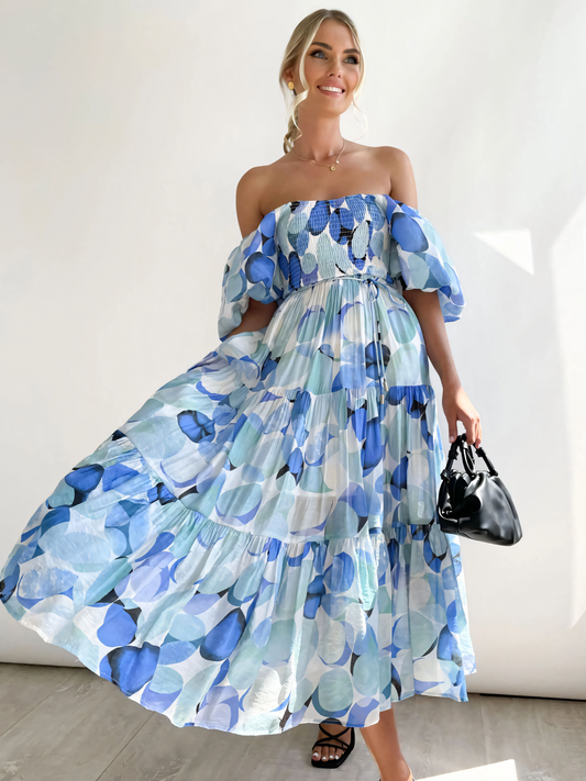 Blue Printed Puffy Bubble Sleeve Midi Dress