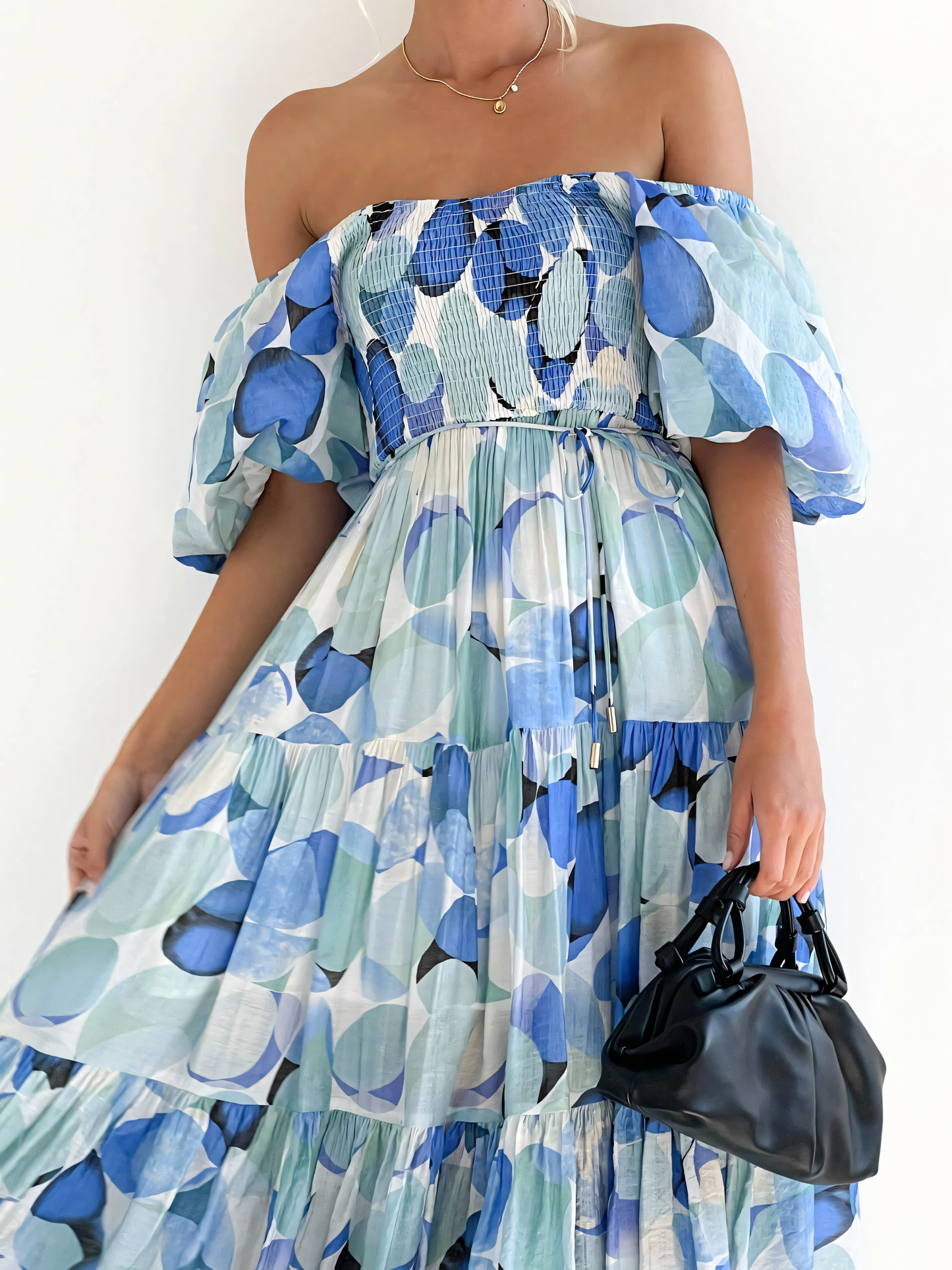 Blue Printed Puffy Bubble Sleeve Midi Dress