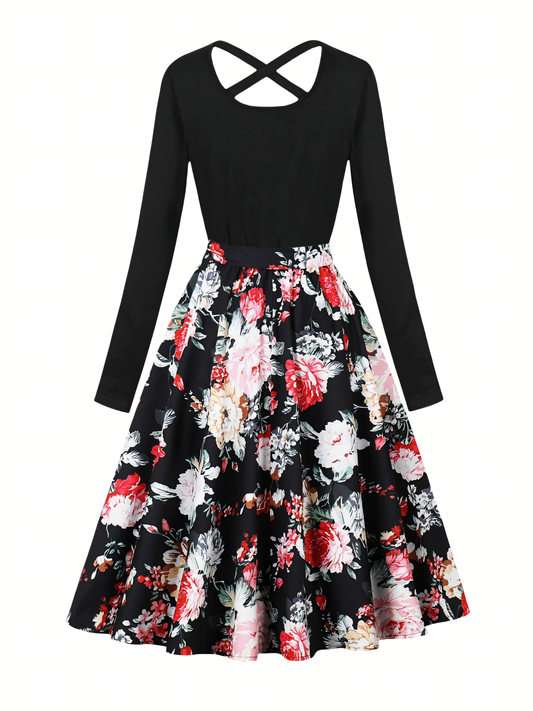 Red White Floral Long-sleeved Midi Dress