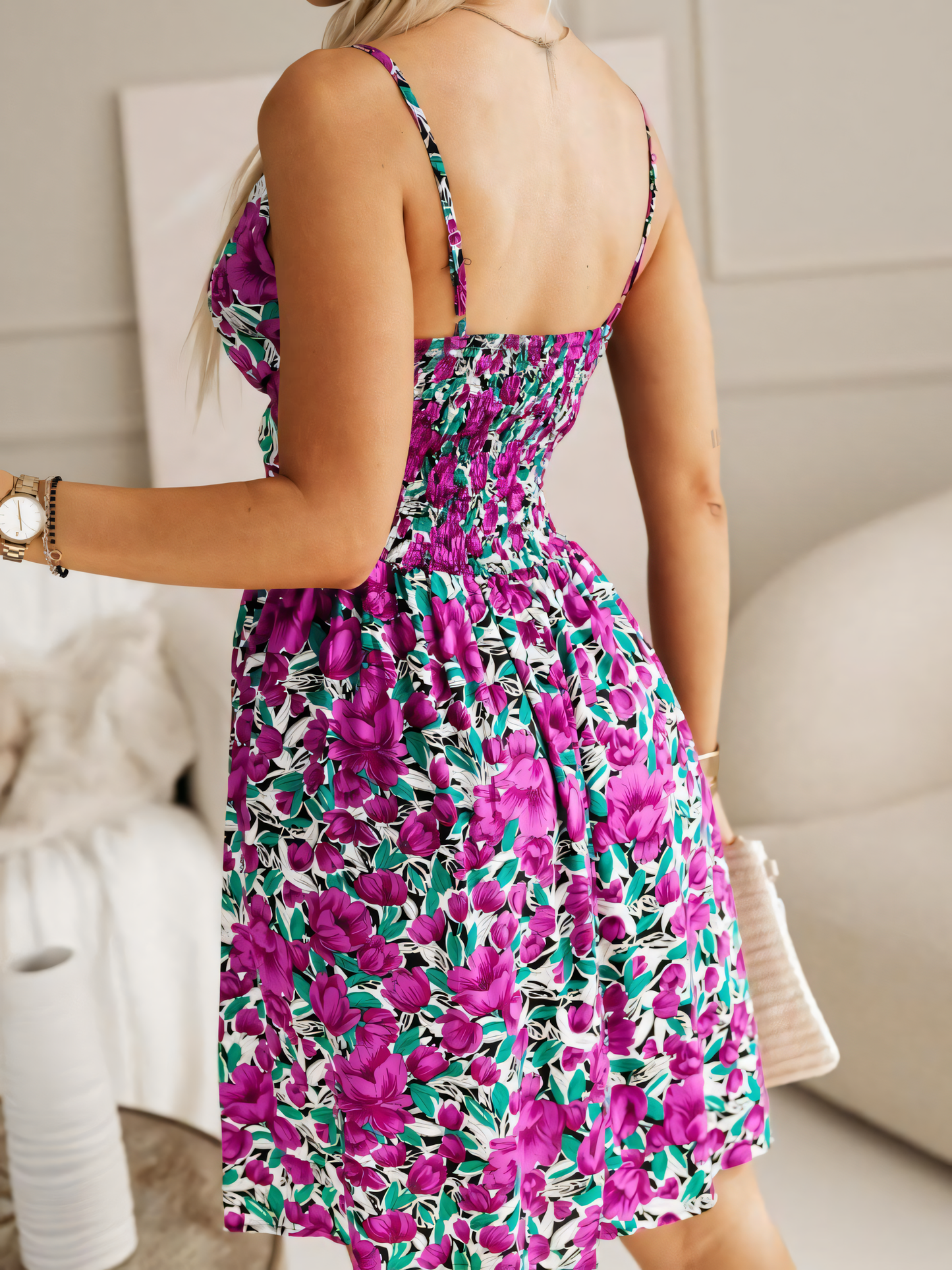 Purple Floral Suspender Waist Mini Dress