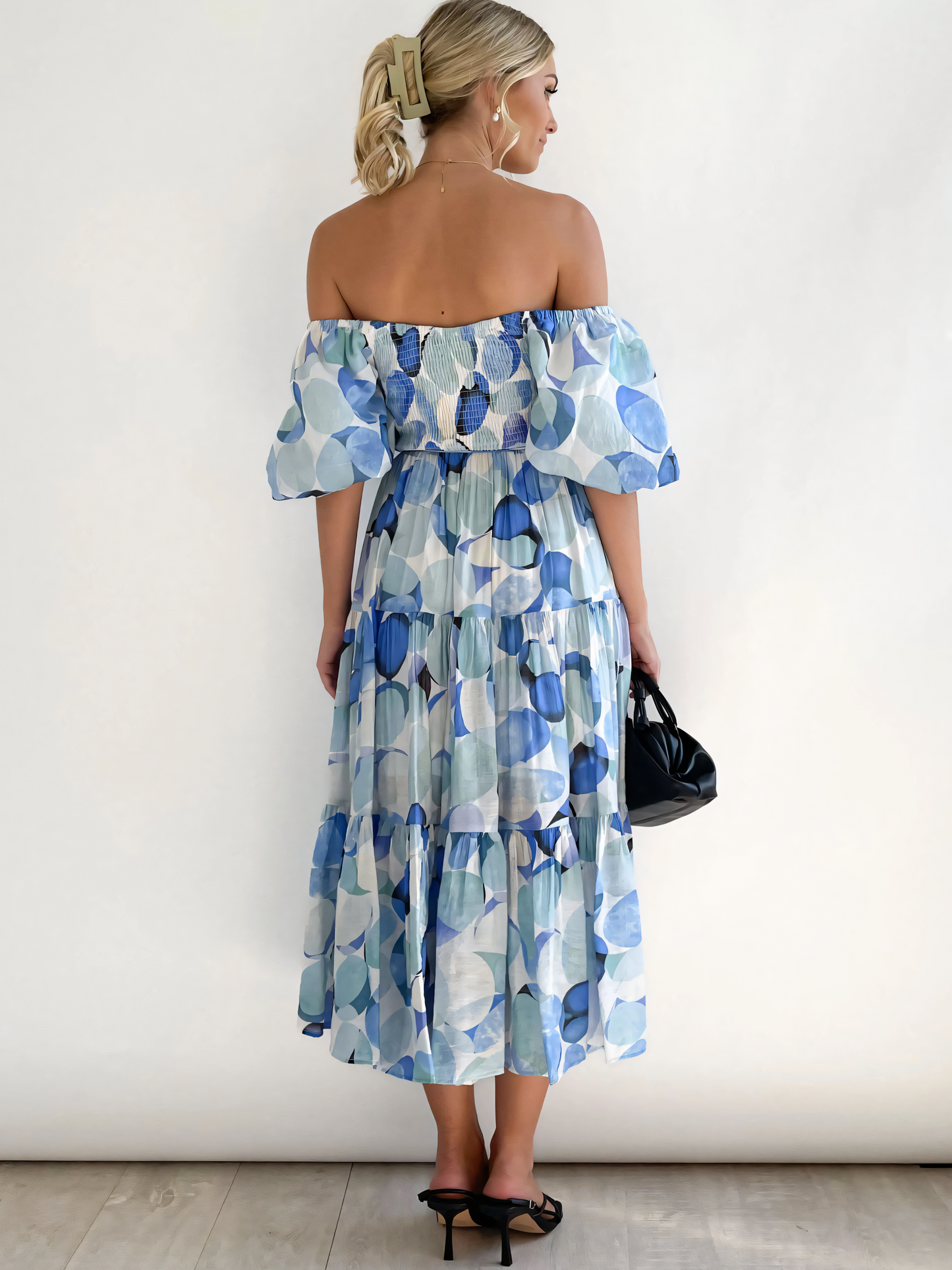 Blue Printed Puffy Bubble Sleeve Midi Dress