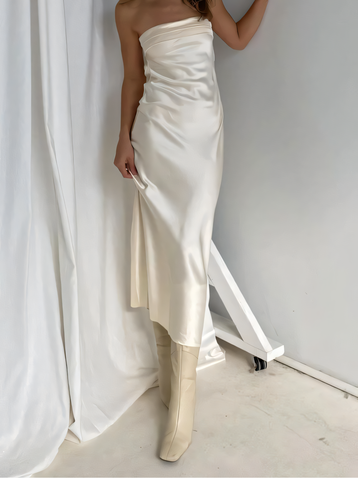 Solid Color Satin Strapless Sheath Maxi Dress
