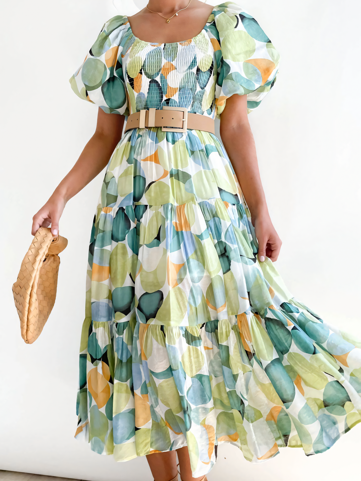 Green Round Printed Puffy Bubble Sleeve Midi Dress