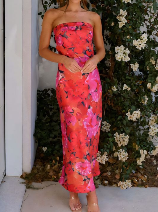 Red Satin Strapless Sheath Maxi Dress