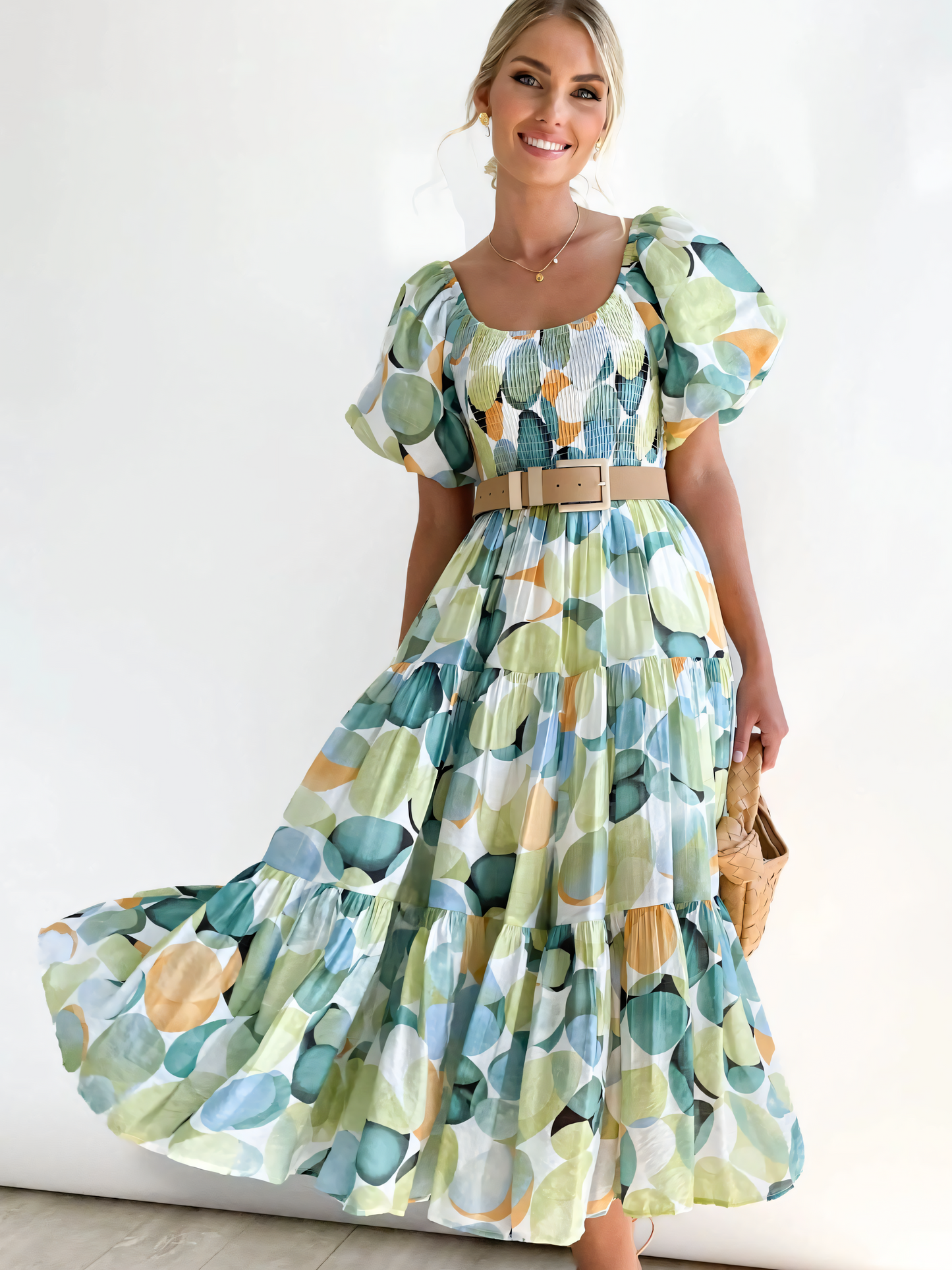 Green Round Printed Puffy Bubble Sleeve Midi Dress