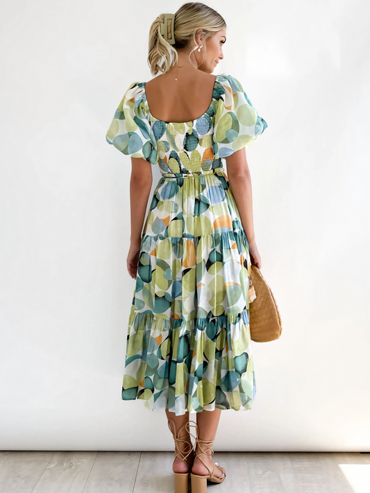 Green Round Printed Puffy Bubble Sleeve Midi Dress