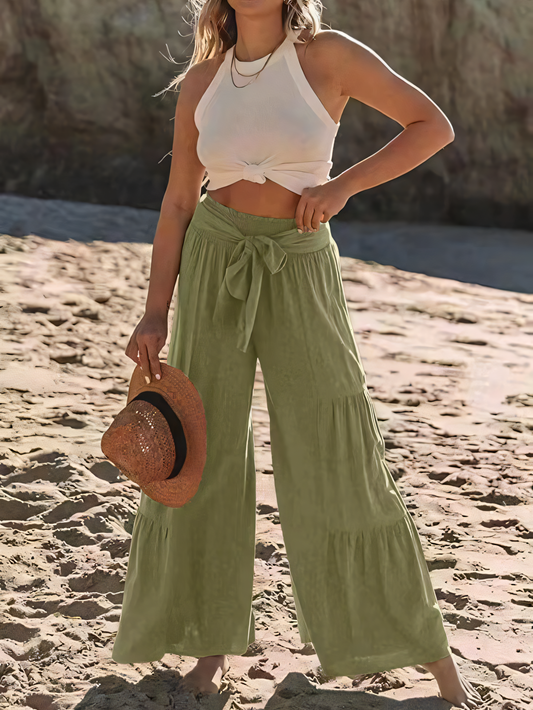 Strappy High-waisted Pleated Loose-fitting Pants