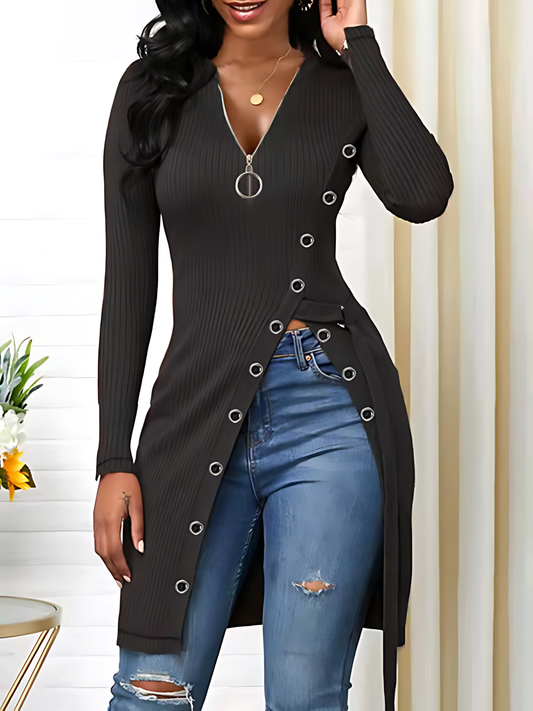V-neck High Slit Zipper Long-sleeved Top