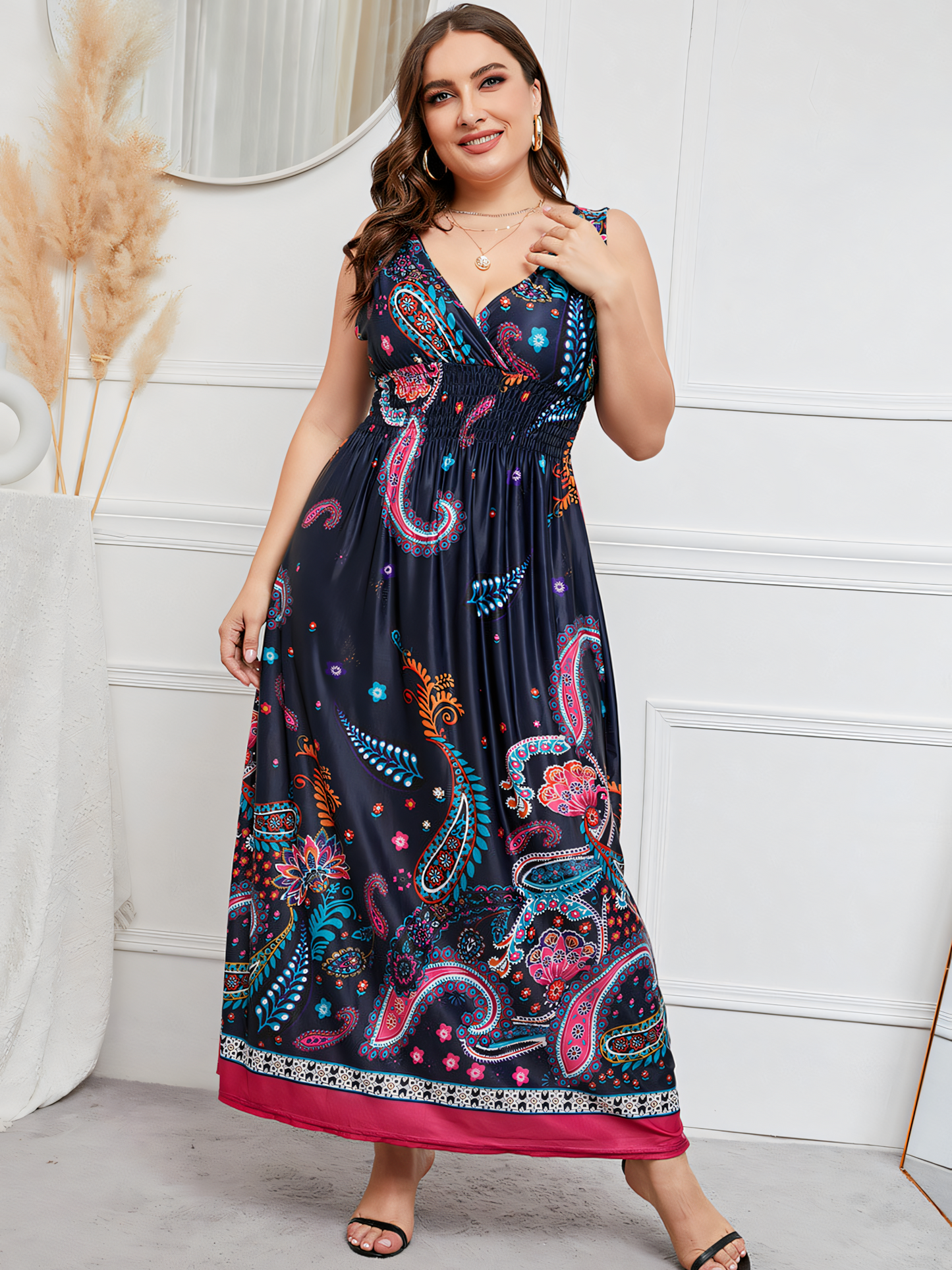 Navy Blue Printed Bohemia V-Neck Maxi Dress
