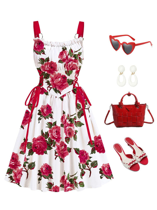 Red Floral Printed Drawstrings Elegant Midi Dress