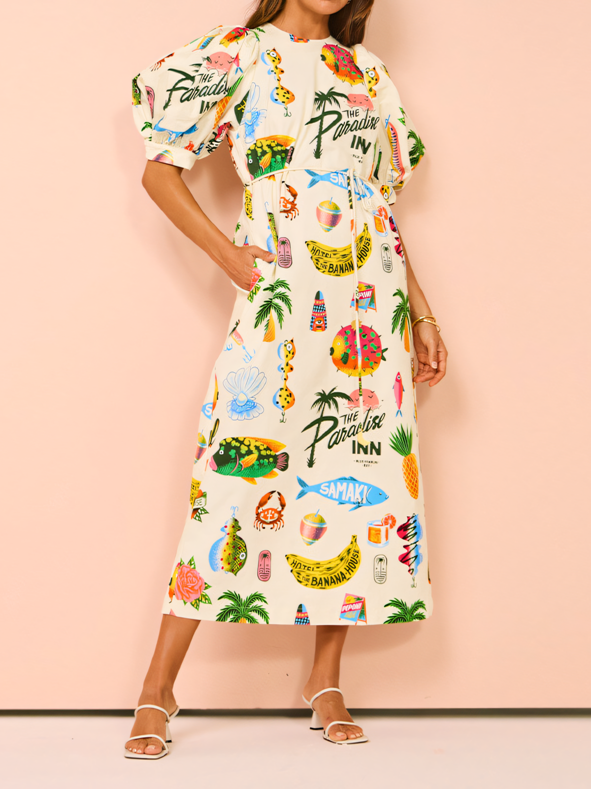 Colorful Printed Puff Sleeve Crew Neck Pocket Maxi Dress