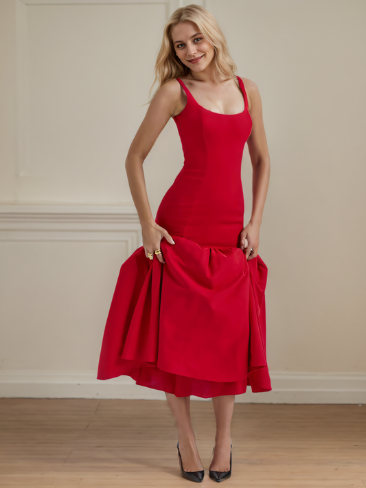 Red Suspender Backless Maxi Dress