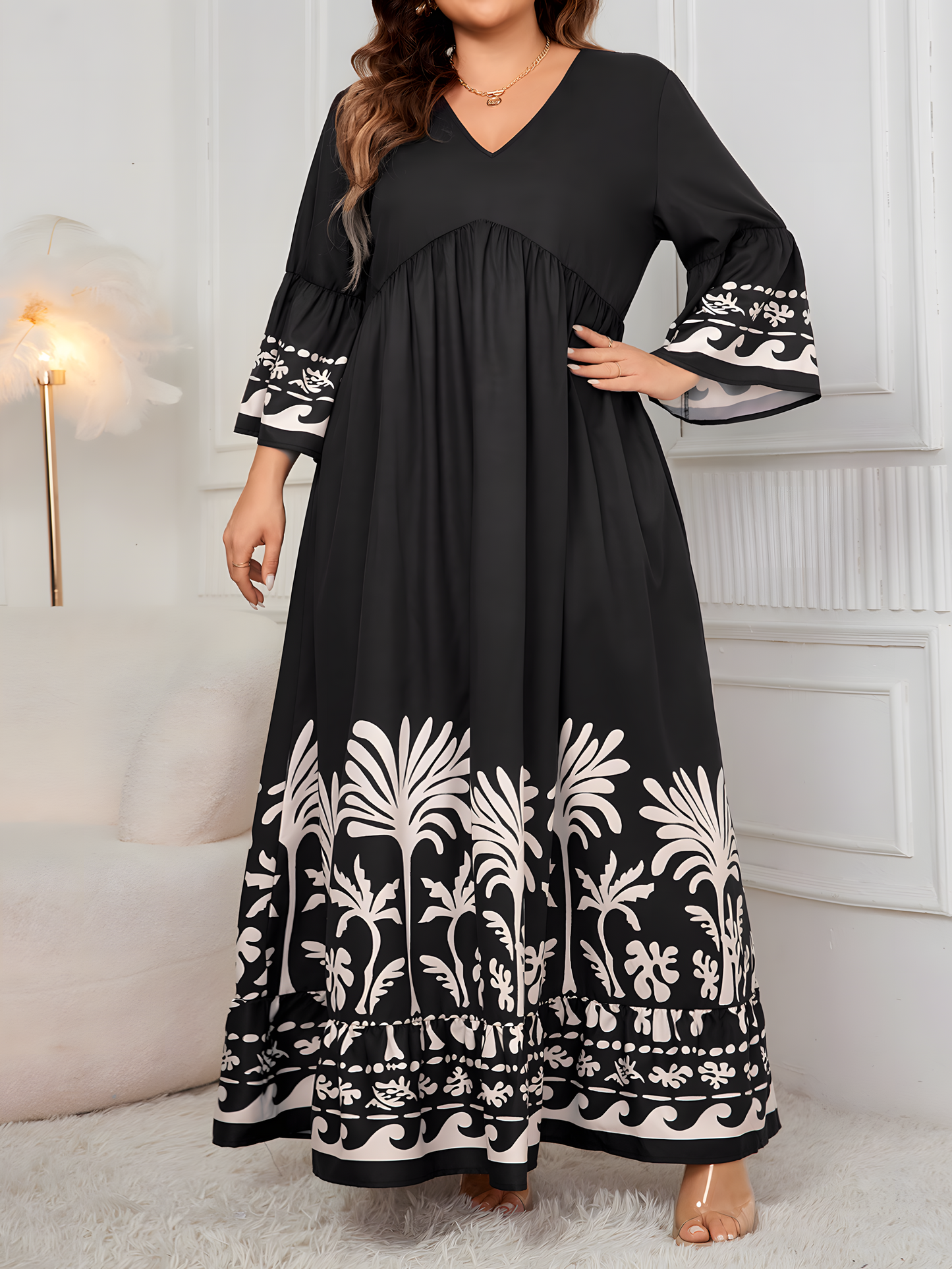 Black White Elegant V-neck Printed Maxi Dress