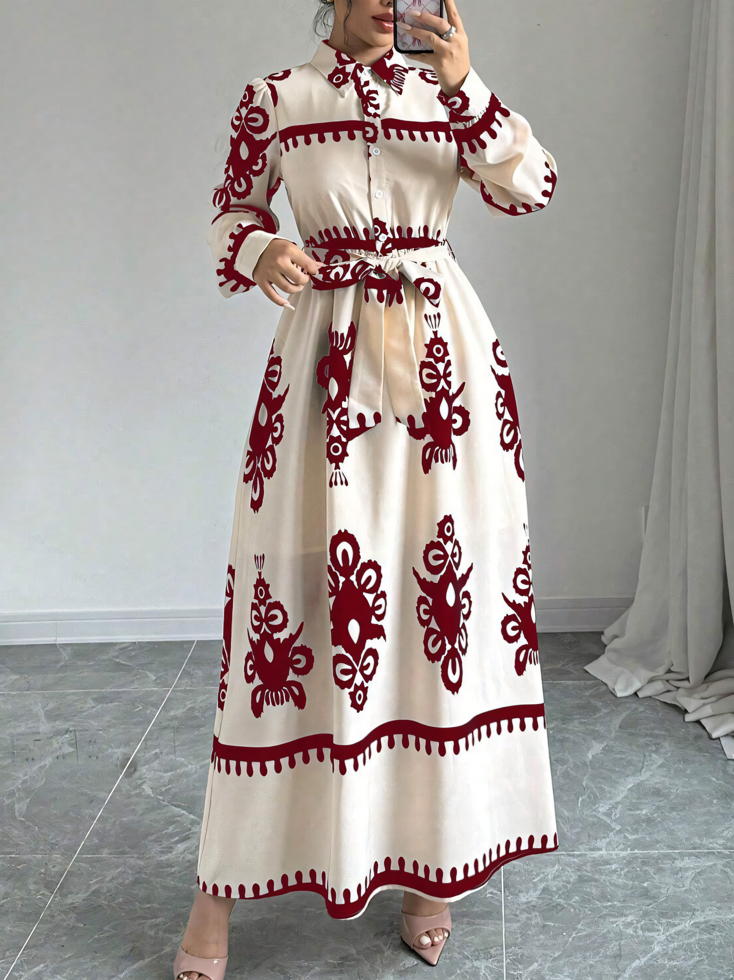 Print Belt Cinched Waist Maxi Dress