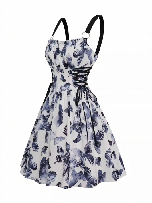 Butterfly Print Lace-up Slip Midi Dress